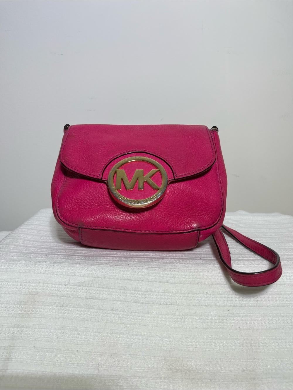 Michael Kors Hot Pink Pebbled Leather MK Logo Crossbody Bag